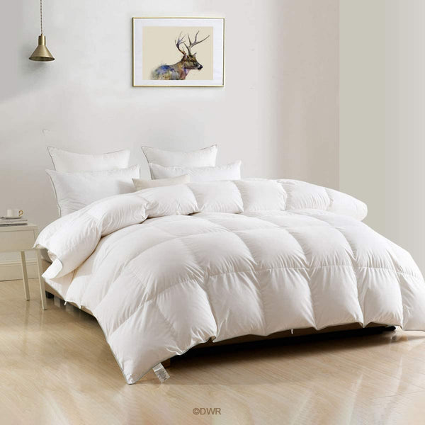 DWR Luxury King Goose Feathers Down Comforter, Ultra-Soft Egyptian Cotton Cover, 750 Fill Power Medium Weight for All Season Hotel Style Fluffy Duvet Insert with Ties (106x90 Inches, White)