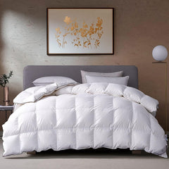 KRT Luxurious Goose Feathers Down Comforter Queen/Full Size Solid White All Season Duvet 50 Oz Filling Insert 100% Cotton Cover with 8 Corner Tabs (White, Queen All-Season)