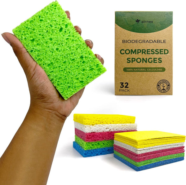 AIRNEX Biodegradable Cellulose Compressed Sponges - Pack of 32 Kitchen Sponges for Cleaning - Heavy Duty and Natural Multipurpose Household Cleaning Sponges Good for Kitchen, Bathroom, and Surfaces