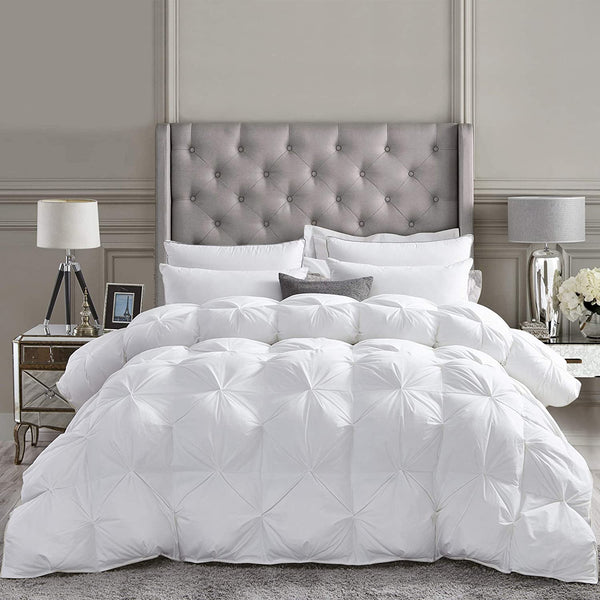 Luxurious All-Season Goose Down Feather Fiber Comforter King Size Duvet Insert, Exquisite Pinch Pleat Design, Premium Baffle Box, 100% Egyptian Cotton Cover, 65 oz. Fill Weight, White