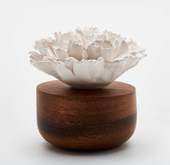 Oil diffuser, porcelain diffuser coral flower, wood acacia base with craft porcelain flower. Organic product. ANOQ French Riviera collection